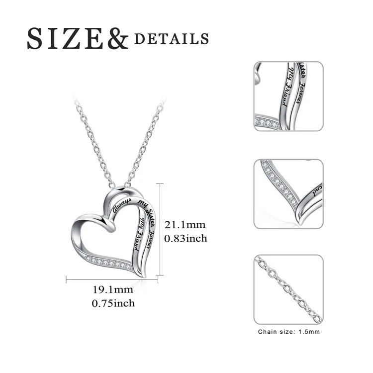 Fine Jewelry 925 Sterling Silver Engraved Zircon Double Love Heart Pendant Necklace