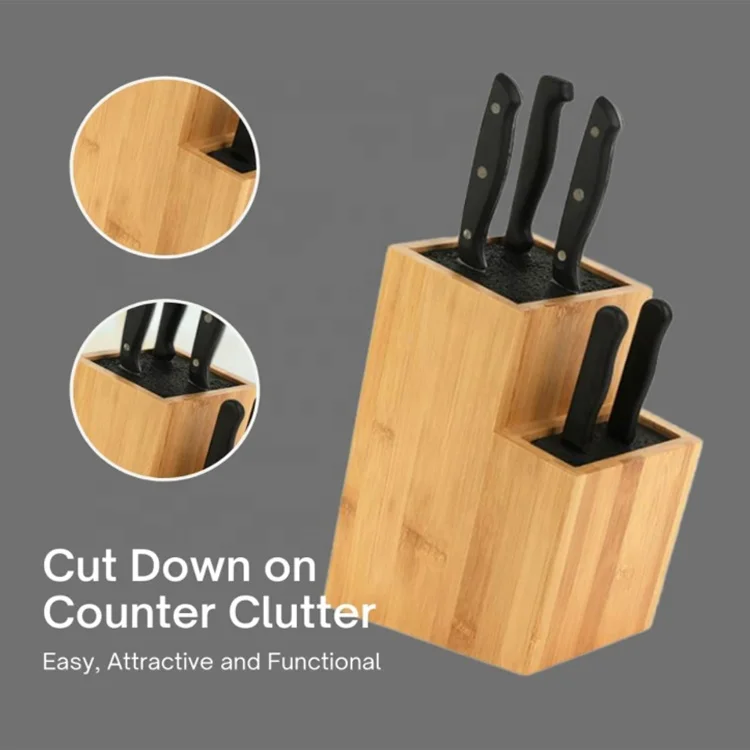 Universal Knife Holder Two-Tier Knife Storage Bamboo Knife Block with Bristle