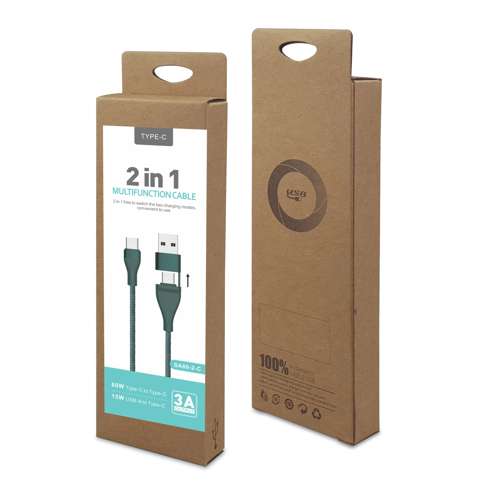 Wholesale SA80-2-c grey color 3A 1m  PD quick charger 2in1type c cable  USB charging cable portable  date cable