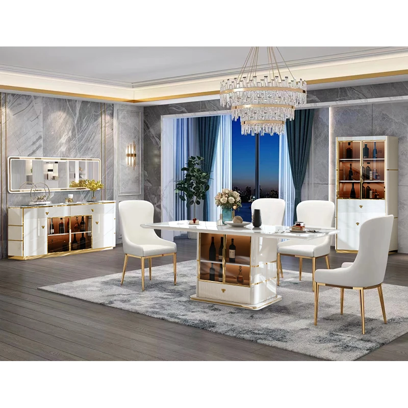 Modern Design Wood White Dining Room Sets 4 6 Seater Chairs Home Furniture Full Luxury Wooden Dining Table Set