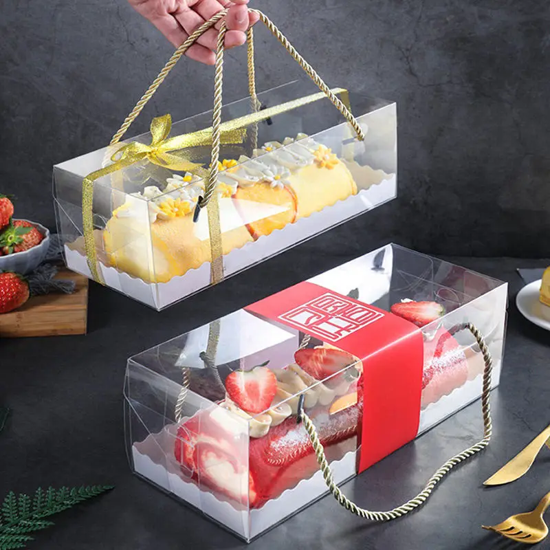 Custom PET Transparent Rectangular Cake Box Portable Cupcake Swiss Roll Clear Container Plastic Baking Packaging Gift Paper Box