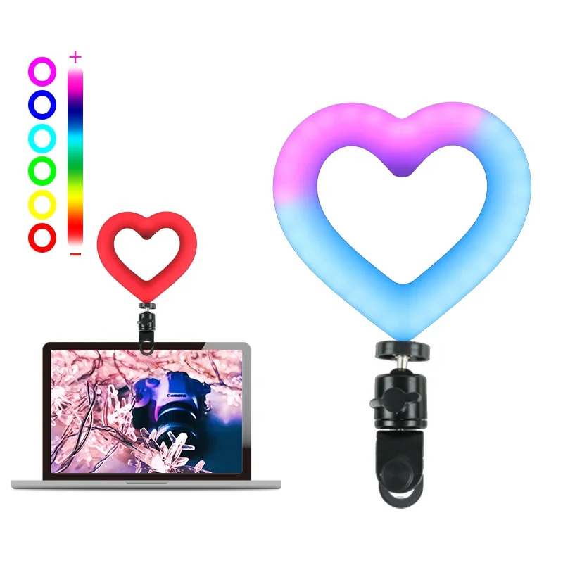 Portable Dimmable 6 Inch RGB Studio Photography Photo Makeup Selfie Led Colorful Heart Shape Ring Light With Computer Clip