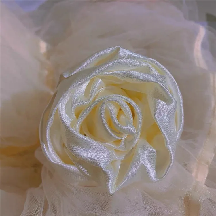 French vintage creamy flower scrunchies hair bands hot seller luxury romantic handmade white big rose satin silk scrunchy girls