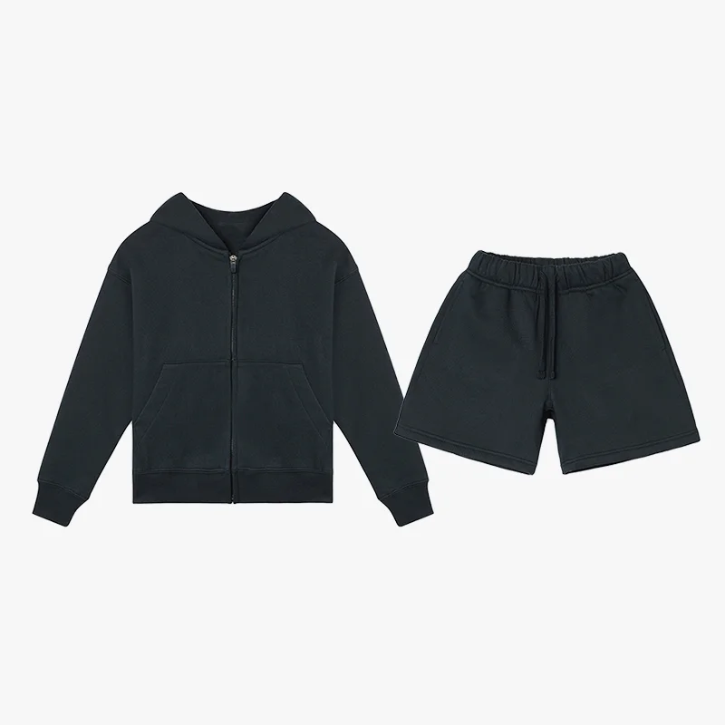Spring Toddler Sweatsuits Sets Zip Up Hoodie Manufacturer Cotton Sweat Shorts Fleece Cotton Gym Hoodie And Shorts Set Unisex Kid