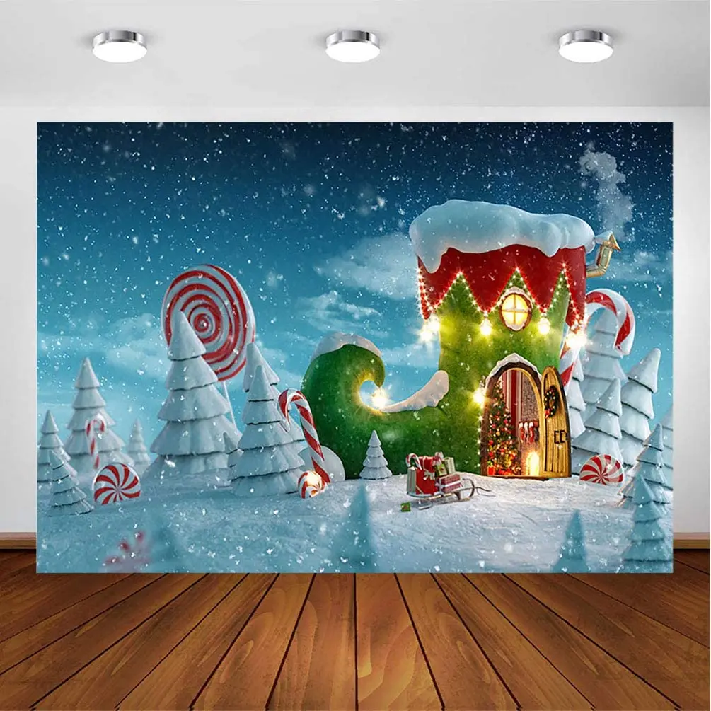 Winter snow scene background photography 2.1 x 1.5 m Christmas candy Santa Claus decoration snowflake suitable for photo booth