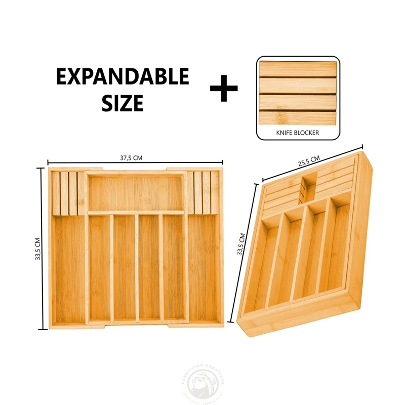 Adjustable Design Natural with Knife Holder Bamboo silverware organizer - expandable kitchen drawer for Cutlery and Utensil