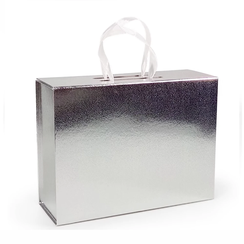 Wholesale Luxury Customized Wedding Dress Packaging Paper Box Silver Large Rigid Cardboard Gift Packaging Box with Handle Accept