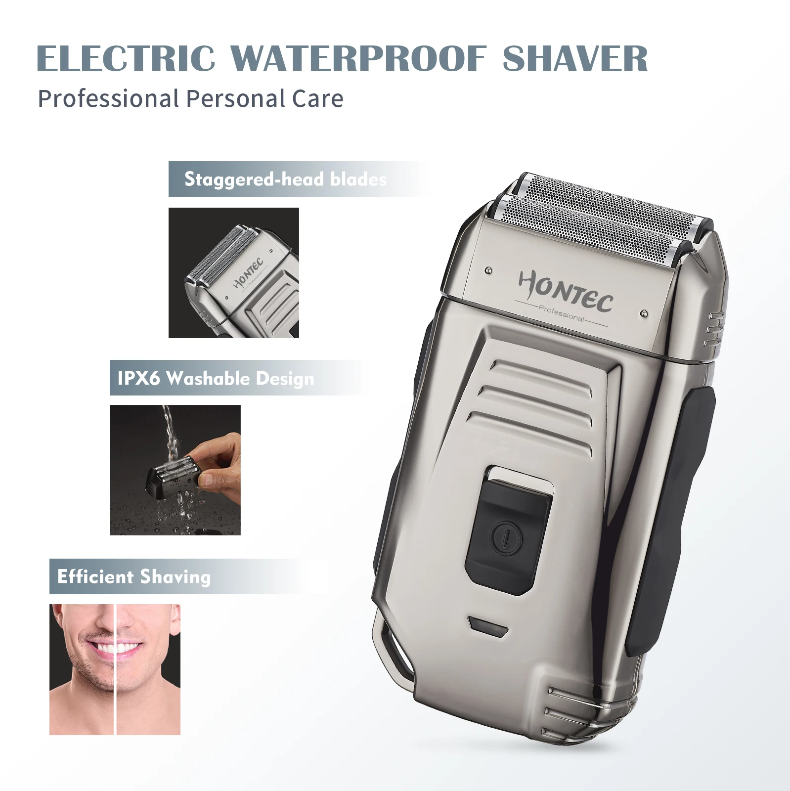 Hontec MR-108A staggered-head foil shaver blade portable USB rechargeable face beards shaving machine IPX6 waterproof  razor