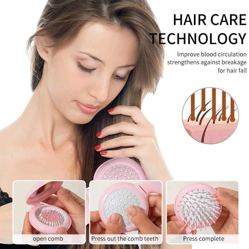 LMLTOP Double Side Airbag Brush With Mirror SY758 Foldable Plastic Air Cushion Comb For Travel Mini Detangle Hair Brush Mirror