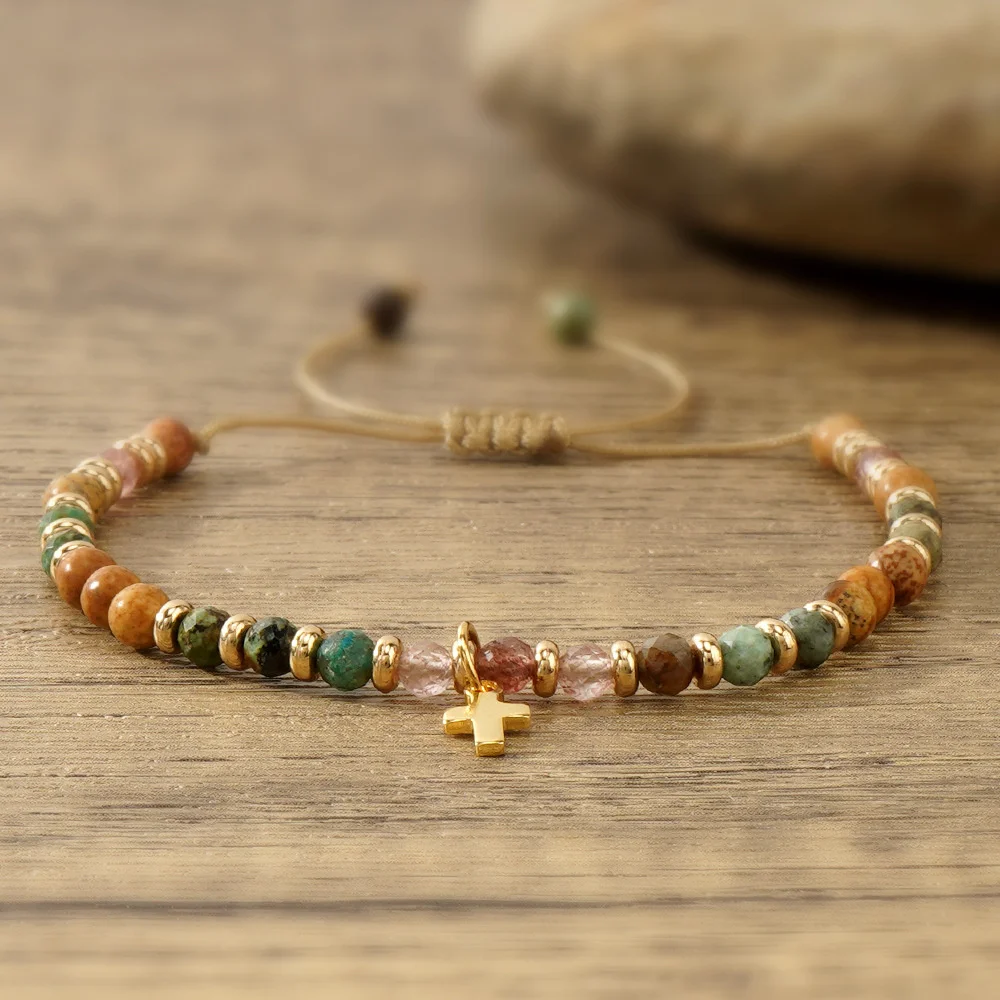 Wholesale Gothic Cross Natural Gemstone Bead Adjustable Gold Cross Charms Bracelet For Women Jewelry