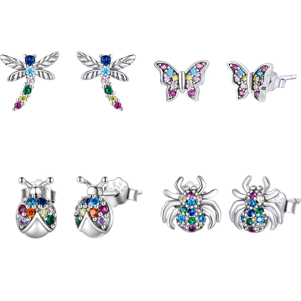 High Quality 925 Sterling Silver New Design Insect Series Colorful Zircon Earrings Women Jewelry Color