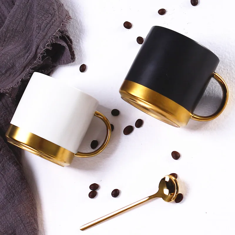 Luxury Matte Black Ceramic Mug with Gold Handle Coffee Mug White Ceramic Coffee Cup with Gold handle