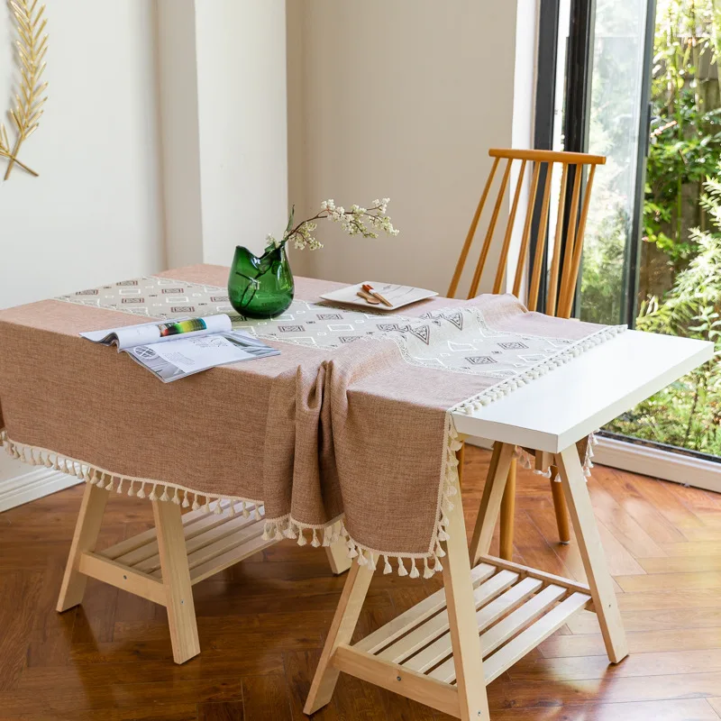 European style household cotton linen fabric tea table covers Nordic simple bamboo pattern embroidery  dining table cloth