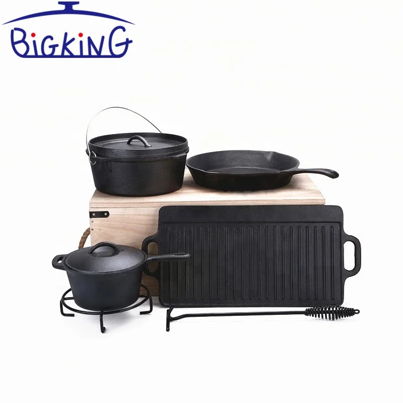 Outdoor Set Camp Cooking 7 Pieces Preseasoned Cast Iron Cookware Outdoor Set