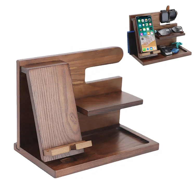K&B Key Holder Wallet Watch Stand Wood Phone Docking Station Nightstand Shelf Night Stand Organizer For Men Gift