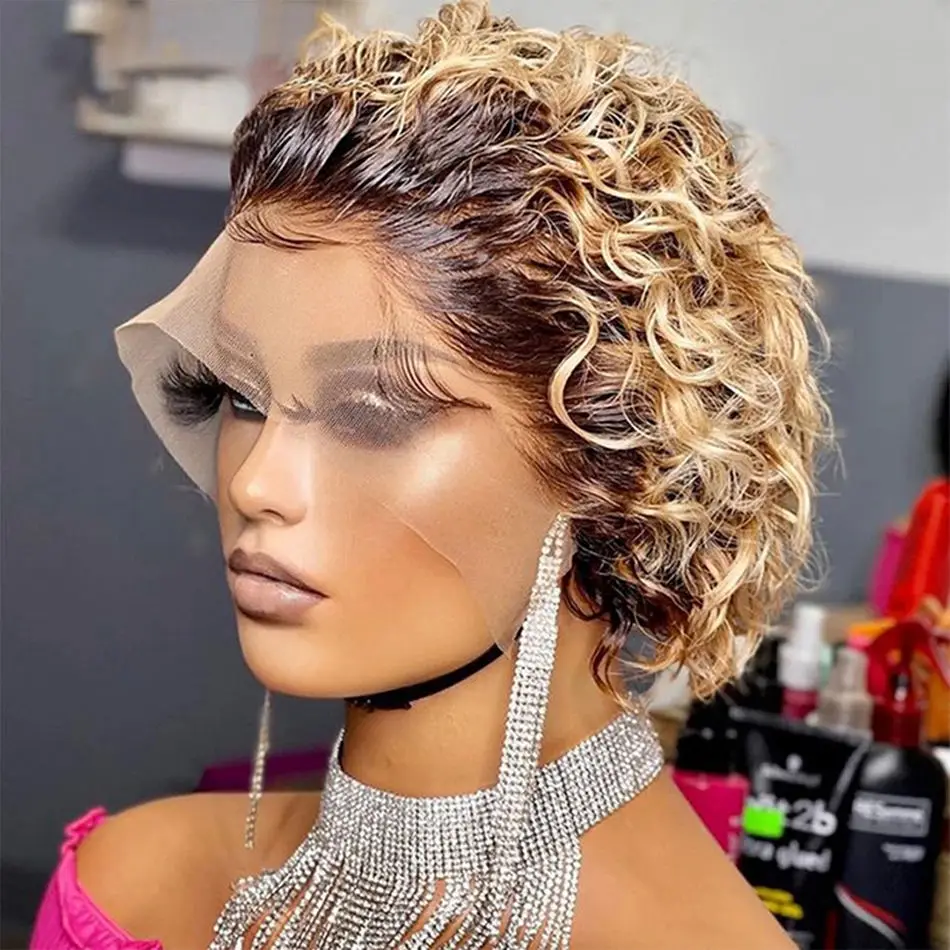 Wholesale Pixie Cut 150% Glueless Short Curly Lace Bob Wigs Virgin human hair Short Human Hair Wigs Curly Natural Lace