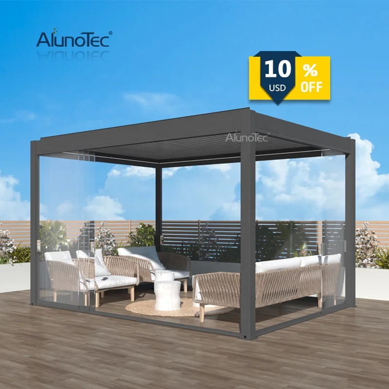 AlunoTec 3m x 4m Aluminum Garden Waterproof Gazebos Bioclimatic Motorized Pergola Louvered Roof