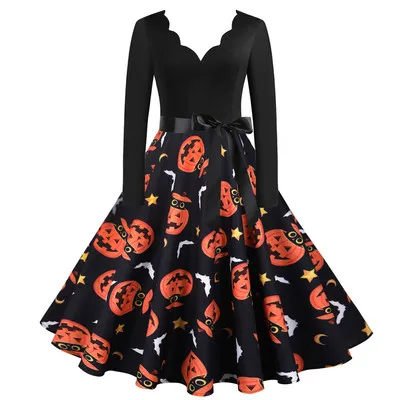 Plus Size V Neck Long Sleeve Fall Dresses Halloween Skater Elegant Vintage Pumpkin Skull Flower Print Rock Evening Party Dress