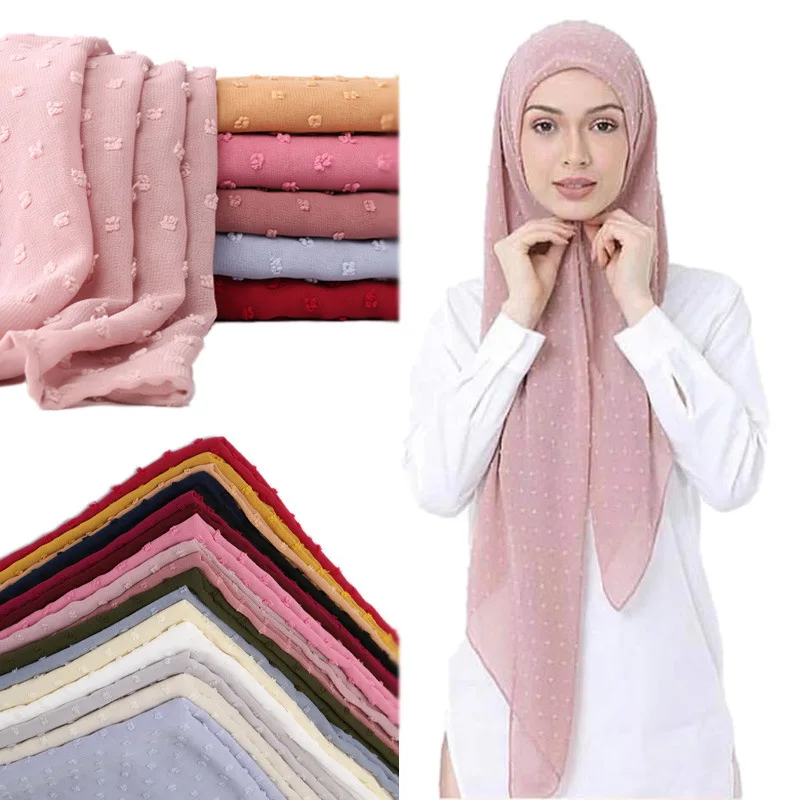 2020 pom pom bubble chiffon hijab scarf women long shawl wrap muslim headscarf maxi islamic long scarves GYW110
