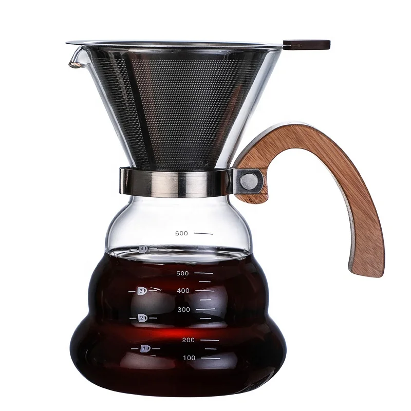 Hot Sale Coffee Glass Pot Coffee Drip Pot Borosilicate 2 cup 4 cup coffee pot With Wooden Handle And Stainless Steel Filter