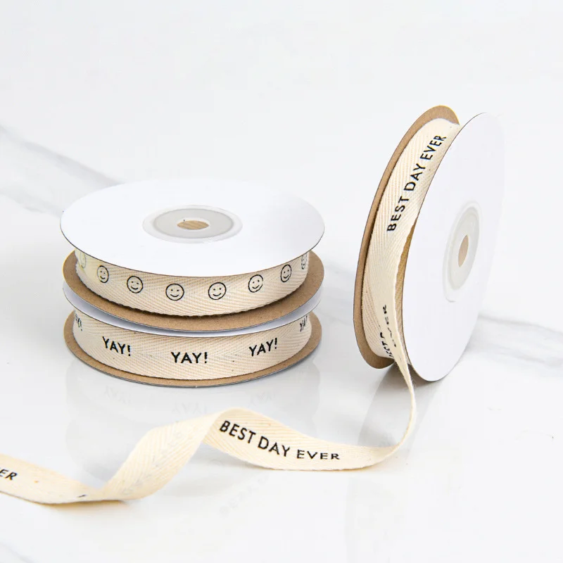 Eco-Friendly Custom Printed  Natural Cotton Ribbon with Logo Herringbone Pattern 100%  Cotton Tape  Flower Gift Packing Ribbon