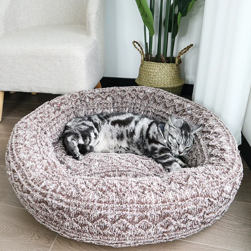 Luxury Ultra Removable Washable Round Zipper Soft Calming Donut Washable Pet for Dog Bed with Blanket