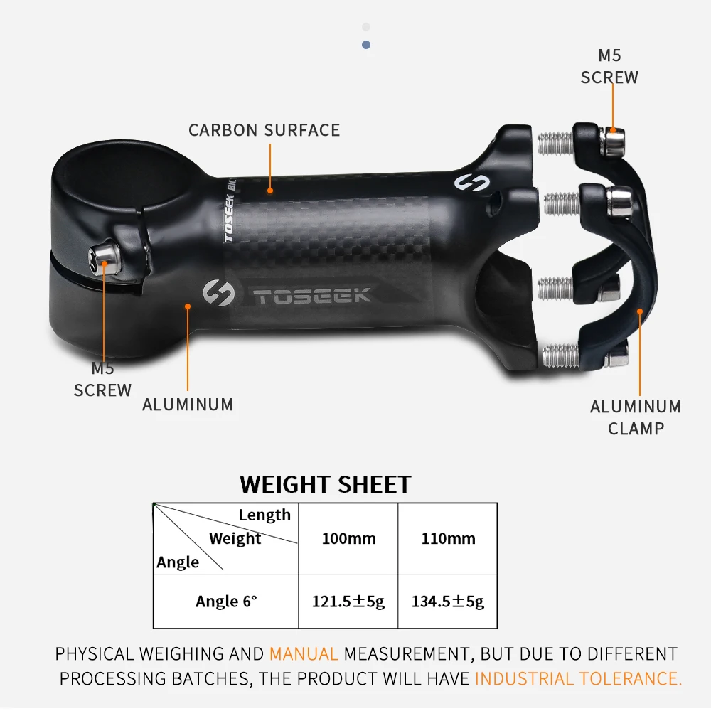 Toseek 6 Degree Bicycle 31.8mm Stem Mtb 100/110mm Carbon Aluminum Stem Black Matte Short Road Folding Mountain Bike Stem