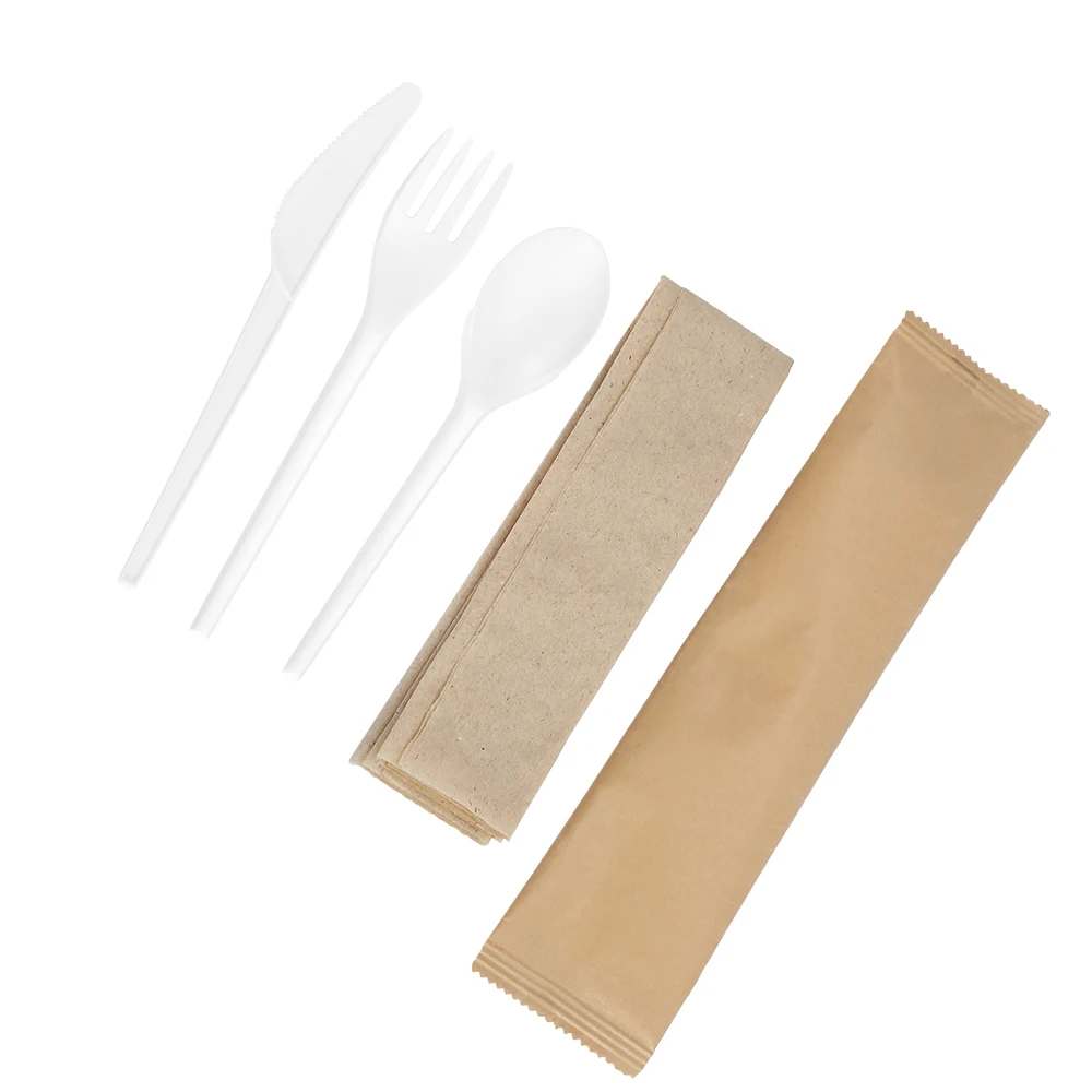 Medium Weight Polypropylene Meal Kits 6 in 1 plastic cutlery kits spoon with different size dinner napkin