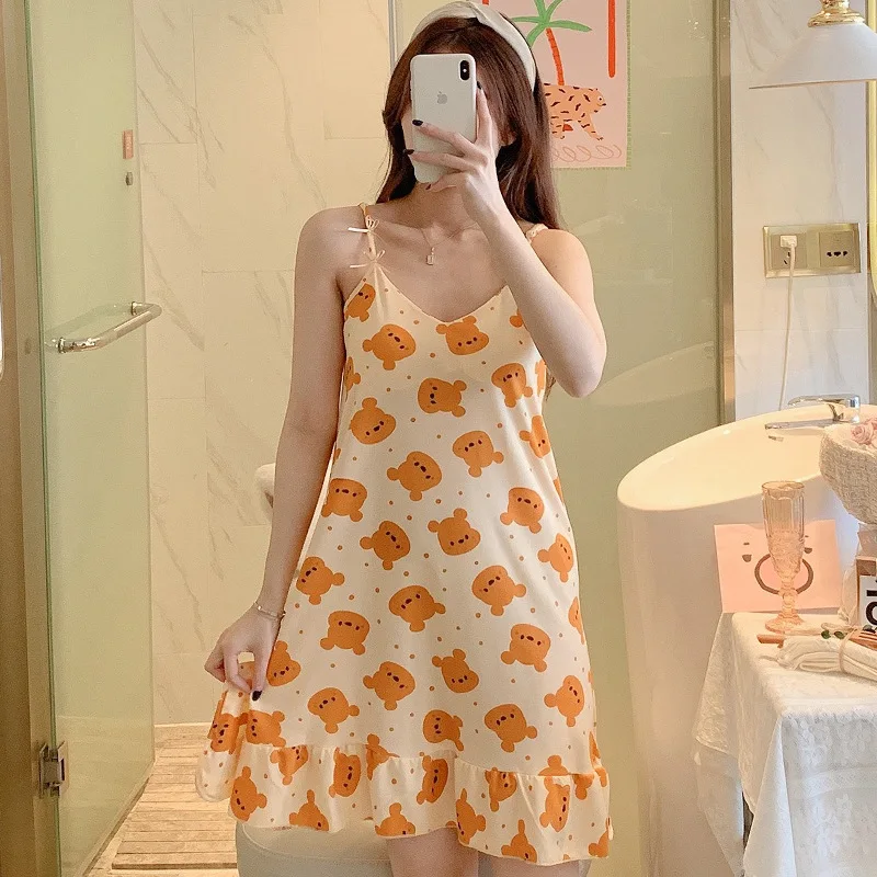 Hot Sale Summer Sling Skirt Milk Pijamas Bear Pattern Cartoon Nightdress Plaid Pyjamas With Chest Pad Eye Mask