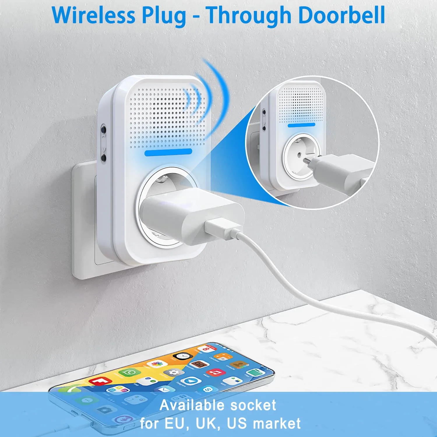 Wireless Plug Through Doorbell with Additional Socket with kinetic battery free bell push button no need battery