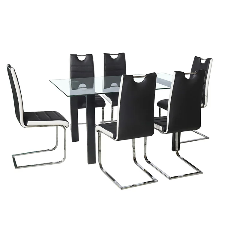 Nordic Luxury Dining Room Furniture Modern Design Glass Rectangular Dining Table And 6PCS Leather Chairs With Metal Chrome Legs