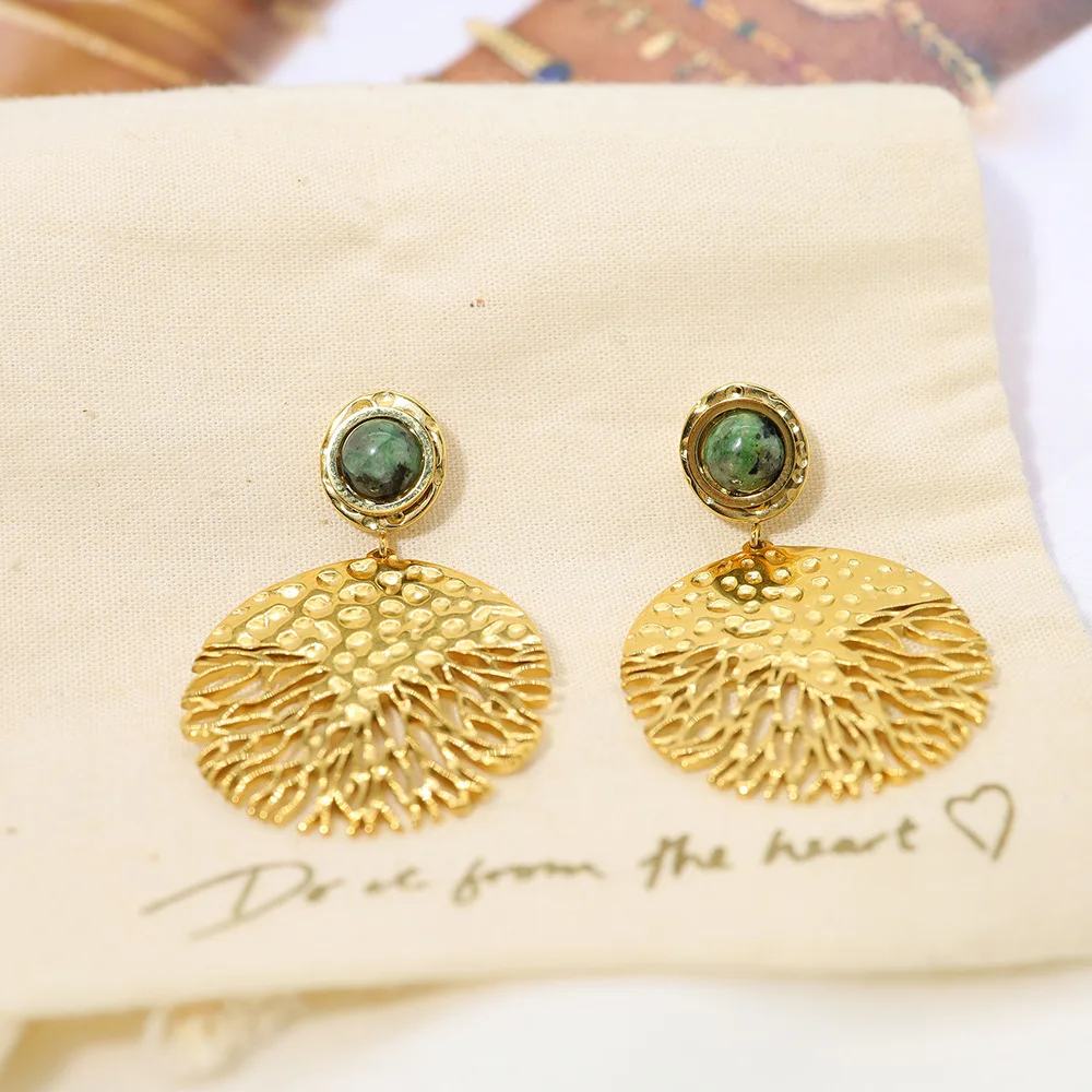 Vintage Ethnic Natural Stone Titanium Steel Stud Earrings 18K Gold Hammered Texture Exaggerated Personalized Women Earrings