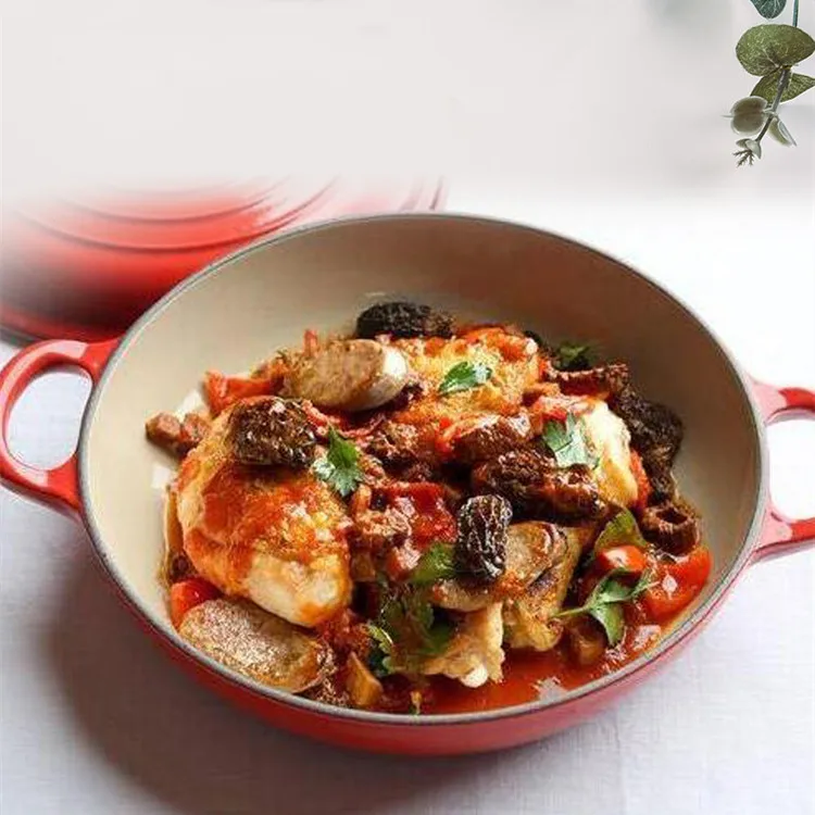 3.8 Quart Enamel Cast Iron Dutch Oven - Crock Pot with Loop Handles and Lid - Shallow Cookware Braising Pan