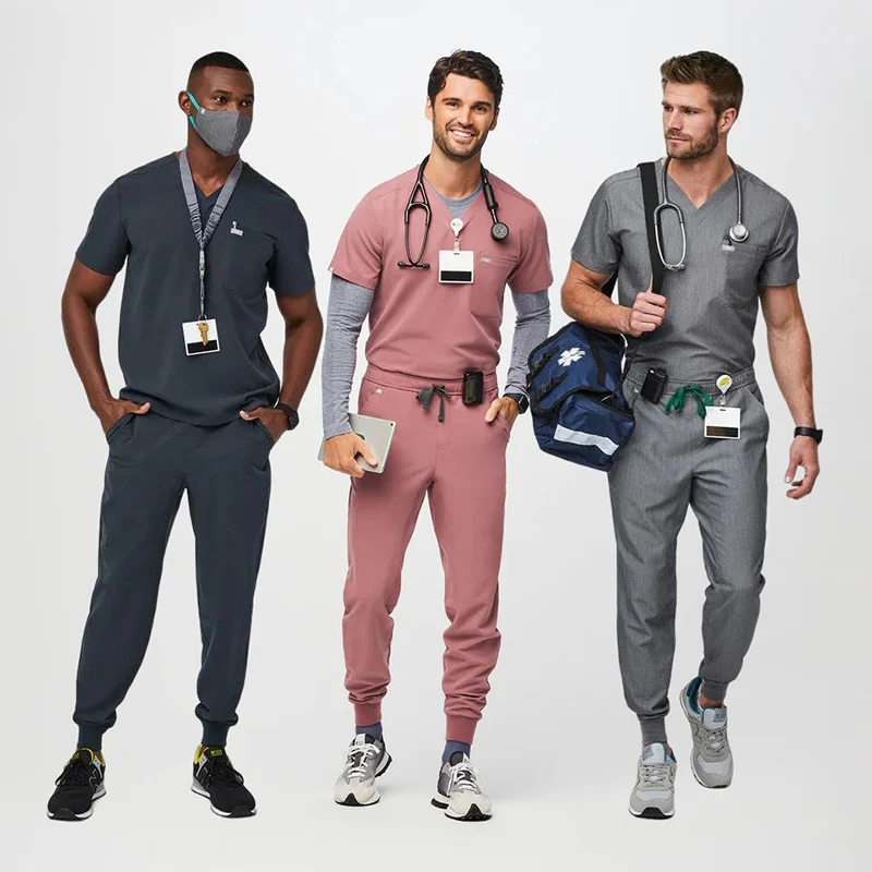 Plus size stretchy male scrubs uniforms sets men fashionable logo fashion custom scrubs uniforms sets nurse jogger for men
