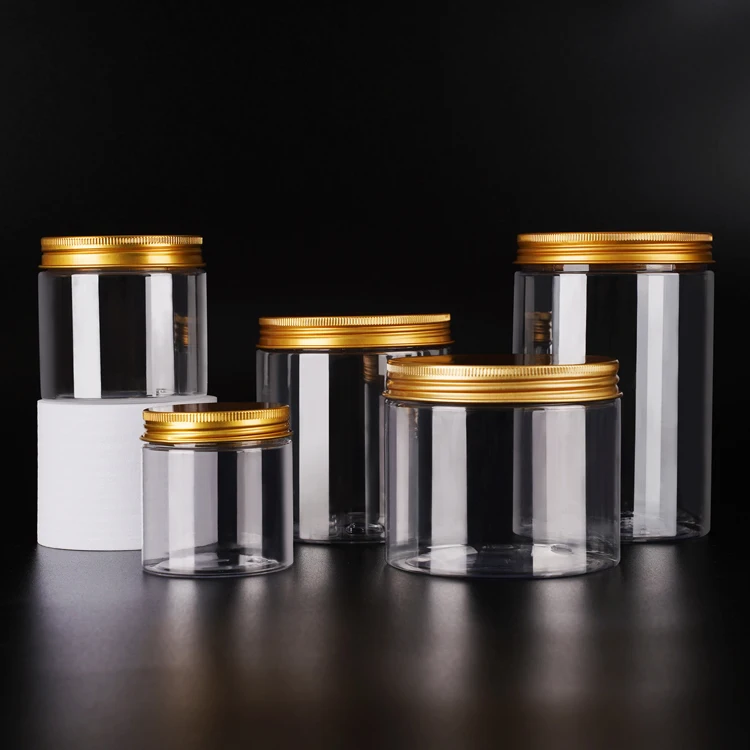 Wholesale Cosmetic Food Packaging Transparent Pet Plastic Cosmetic Cream Jar Food Storage Jar With Metal Aluminum Lid