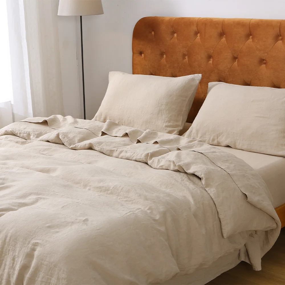 100% Stone Washed French Linen Sheets Duvet Cover Set With Pillowcase