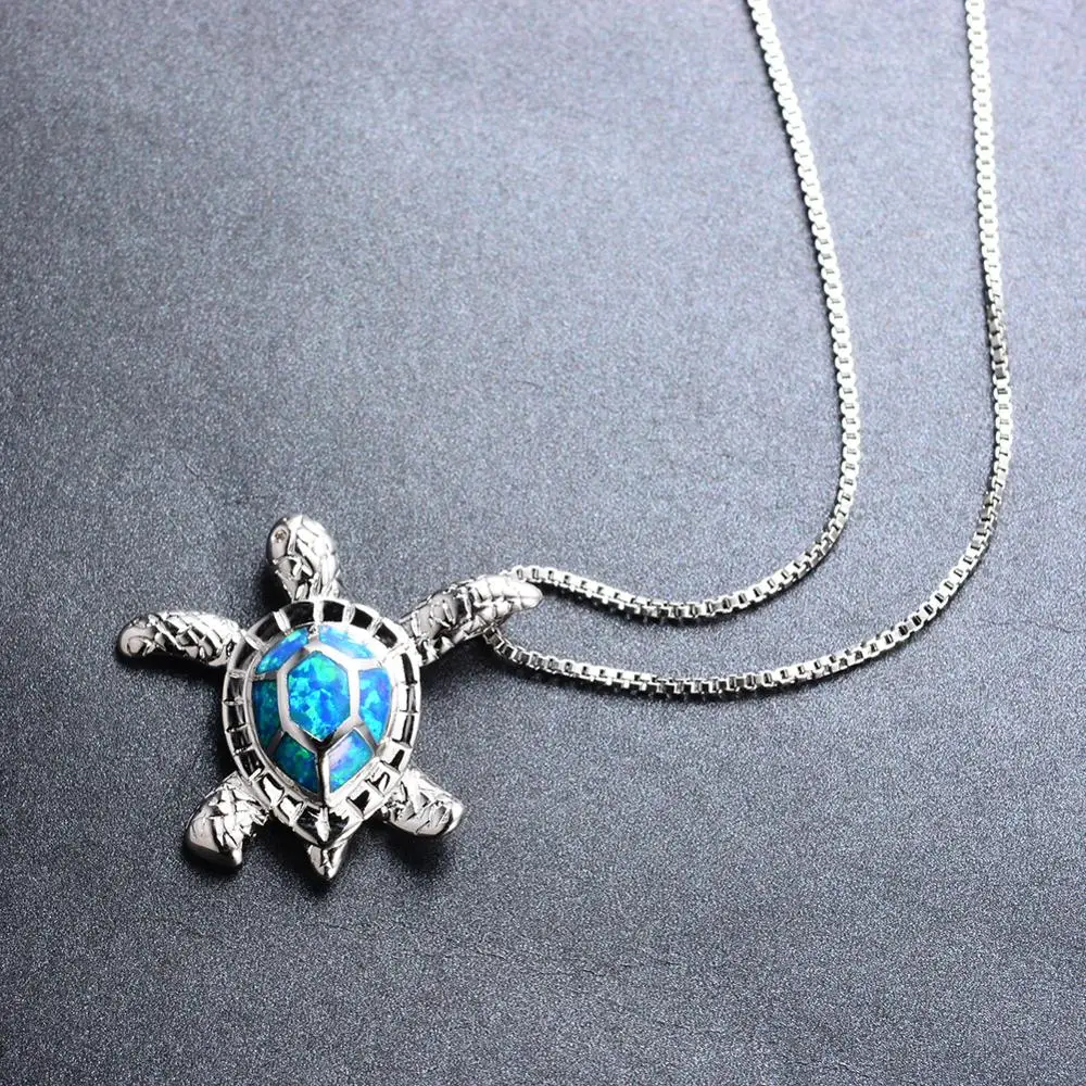 Wholesale 925 sterling silver blue fire opal necklace cute turtle pendant necklace