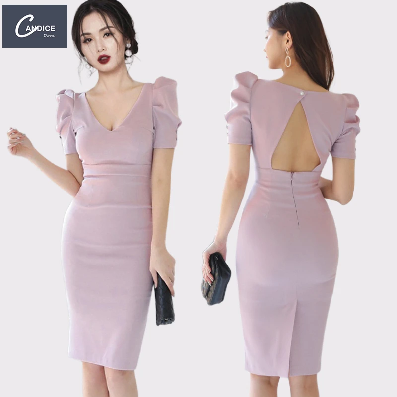 Candice 2023 Korean Style Low Cut Fashion Elegant Thin Sexy Wrap Backless Office Dress