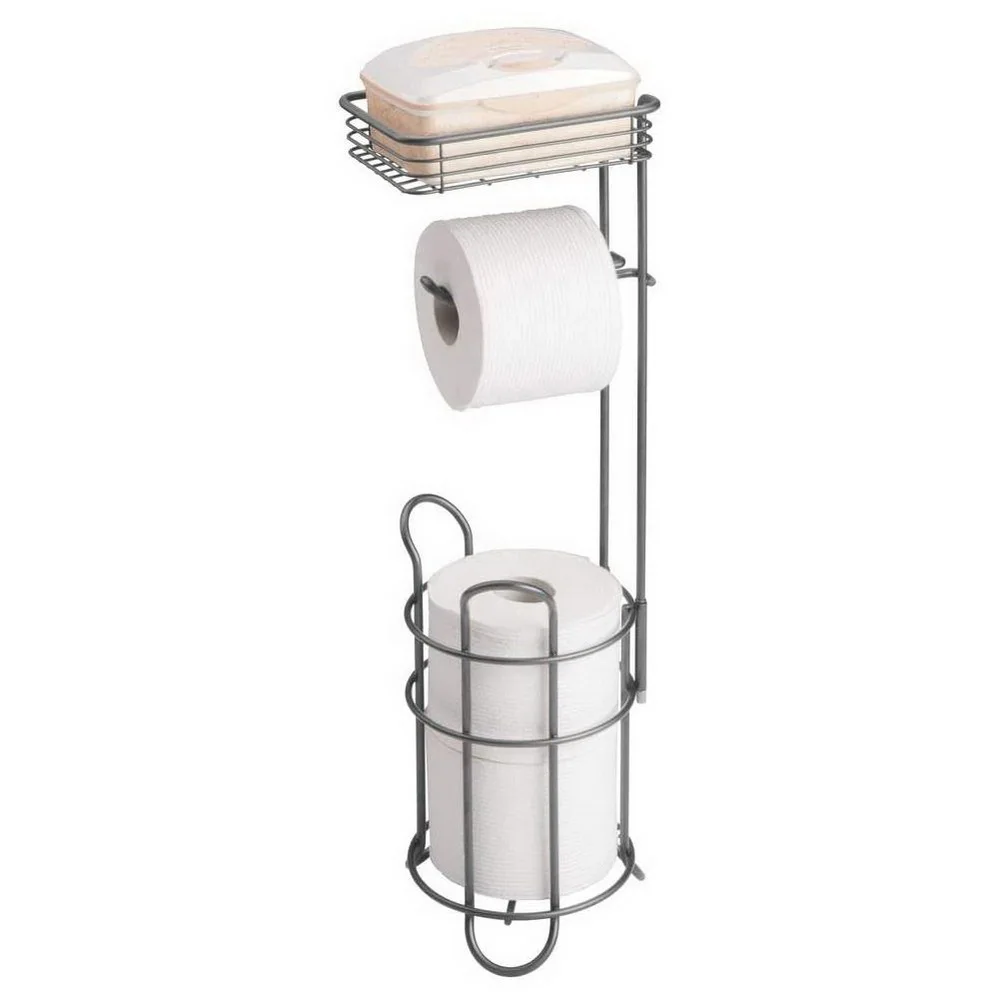 Bathroom Freestanding Metal Wire Toilet Paper Roll Holder Stand and Dispenser with Storage Shelf for Cell Mobile Phone