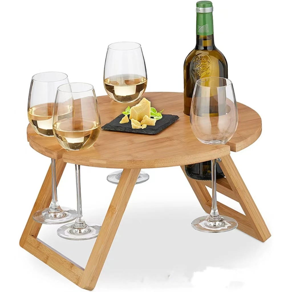 Portable Bamboo Wooden Dining Table with Legs Square Red Wine Glass Tray for Outdoor Camping Beach Barbecue Picnic Plates