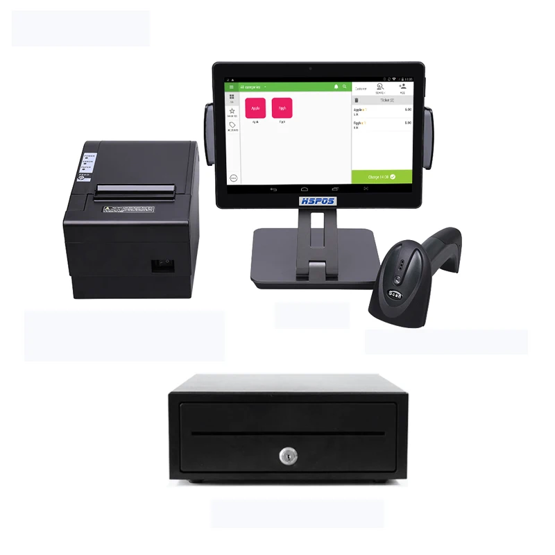 HSPOS 10-дюймовый экран кассовый аппарат для системы Android POS машина с 80 мм Принтер Barcod сканер и денежный ящик