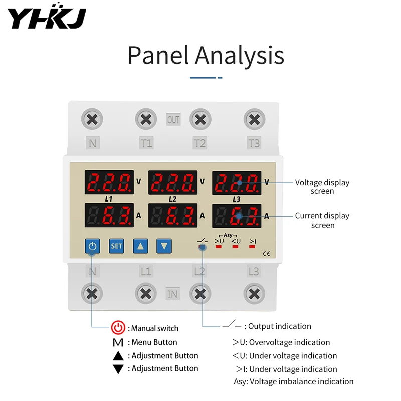 Трехфазный двойной дисплей с четырьмя клавишами, регулируемая защита от перенапряжения и недостаточного напряжения, 220 В, реле защиты от перенапряжения