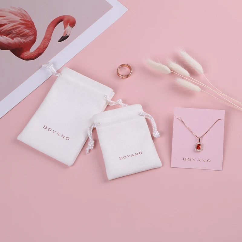 Boyang Custom Brand Logo Printed White Drawstring Microfiber Jewelry Bag Packaging