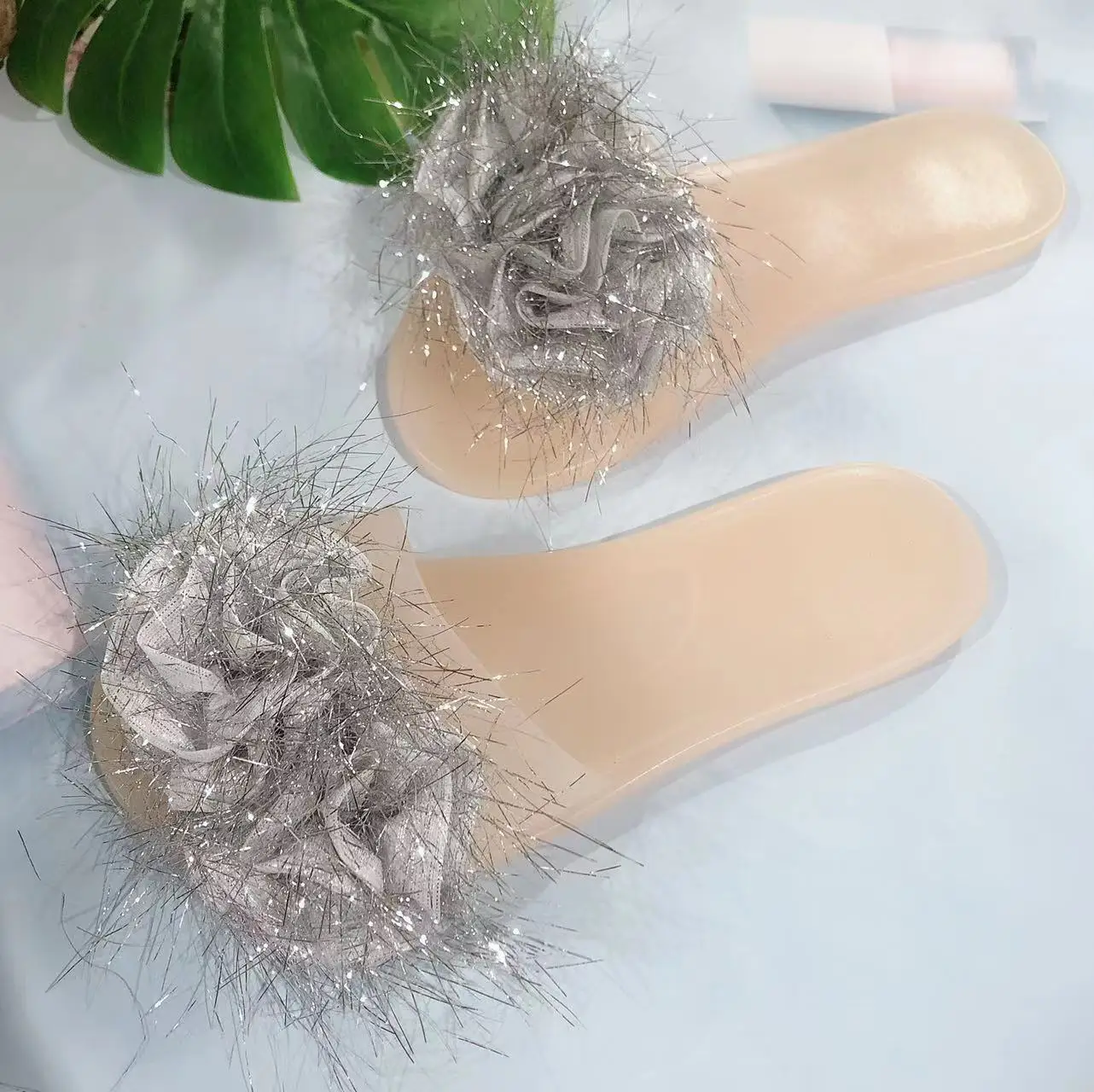 Ubililia Ladies Fashion Summer Flats Outdoor Woman Slides Beach nude one letter shiny flower Slip On crystal Clear jelly Shoes