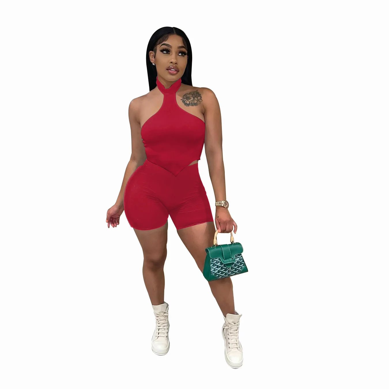 Solid Color Halter Backless Sleeveless Crop Top Biker Shorts Sets Summer Women Party Two Piece Short Set