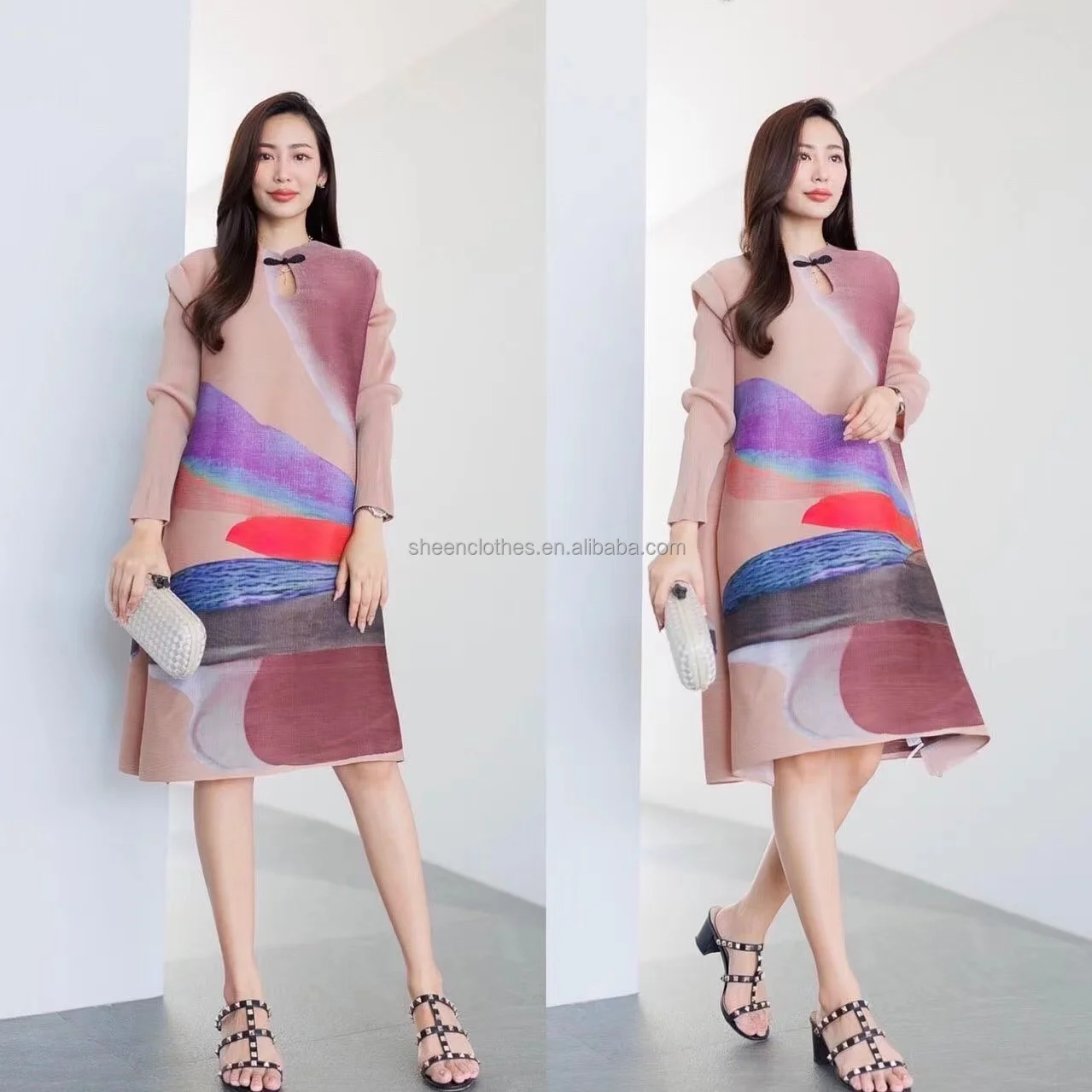 Summer Women Miyak Pleated Dress Chinese Style Loose Elegant Vintage Floral Print Buckle Stand Collar Cheongsam Ladies