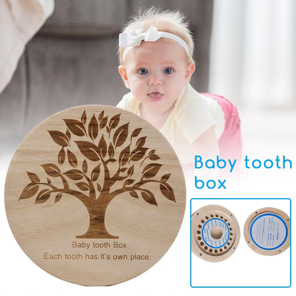 PaFu Round Baby Tooth Fairy Box Wooden Keepsake Box Special for Kids Babies Teeth Storage Holder Organizer
