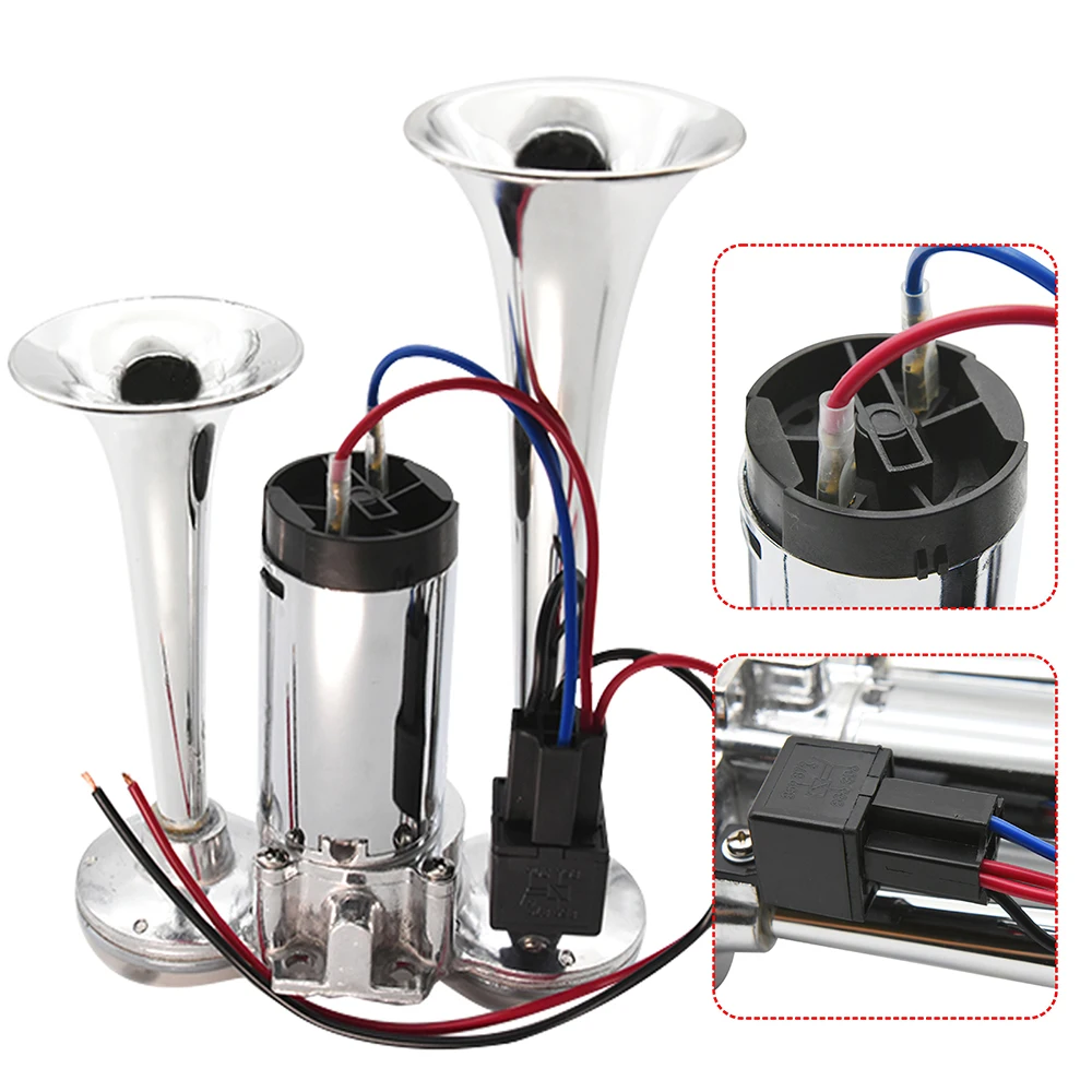 Universal 2 Trumpet Electronic Chrome Air Horn sound signal 12v Car Truck Boat Busses Air Compressor train horn loud speaker