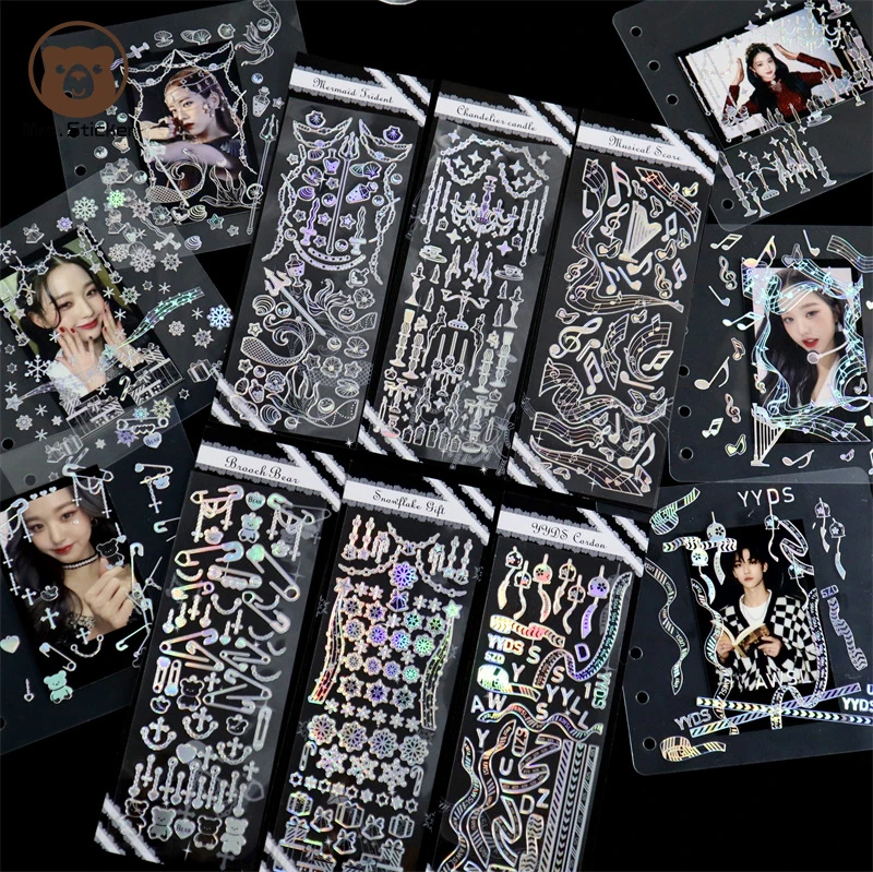 PET Silver Laser Korean Stickers Stationery Retro Planner Stickers Sheets DIY Hand Account Decorative Scrapbooking,Album,Photo