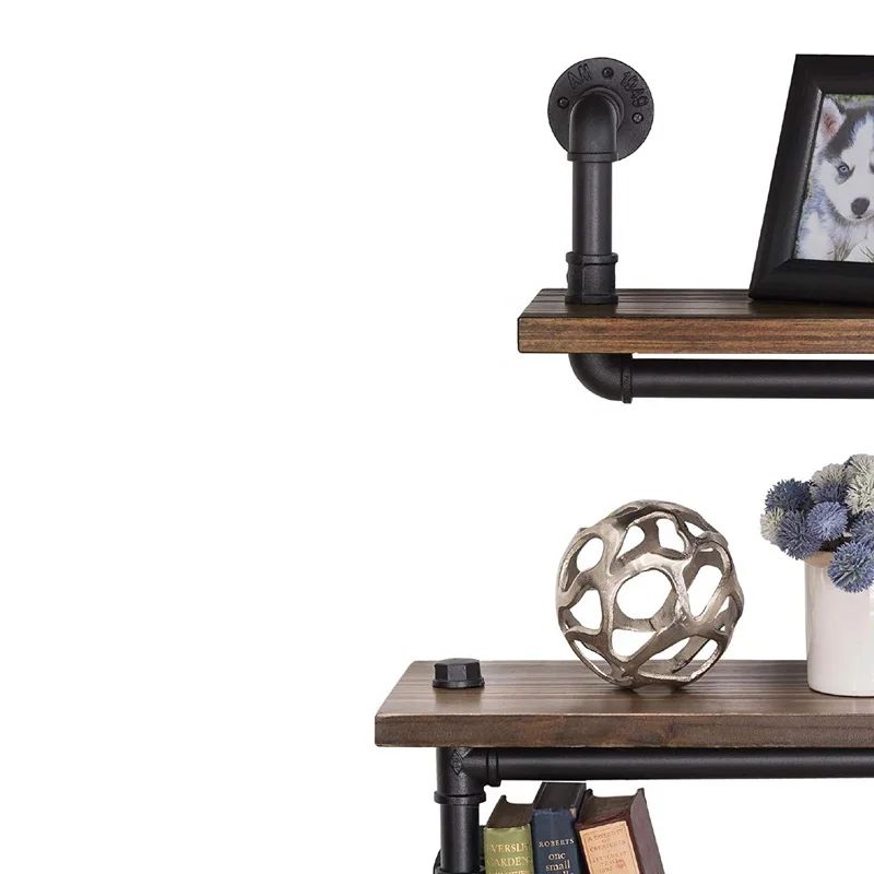 3-Layer Rustic  Zig Zag Style Shelf Wooden Wall Floating With Industrial Iron Black Pipe